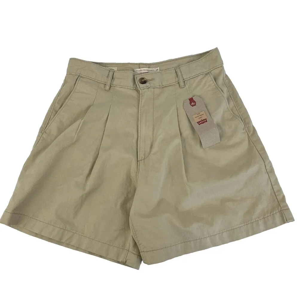 Levi's Premium Pleated Trouser Shorts Size 28 Khaki Tan High Rise NWT Irregular